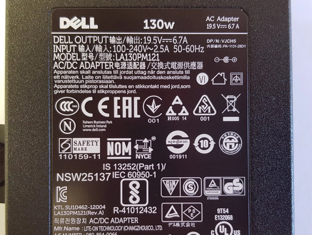DELL Precision, XPS, Inspiron, G Series PA-4E laptop charger 130W WRHKW VJCH5 PA4E AC adapter large tip