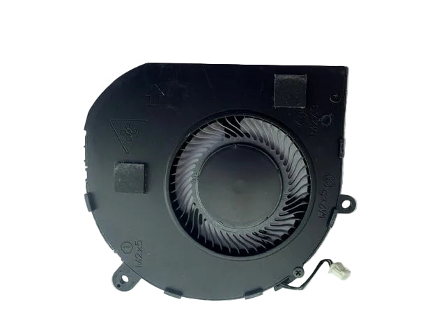 A black laptop cooling fan assembly with a circular fan blade and a small white connector wire, photographed on a plain light background.