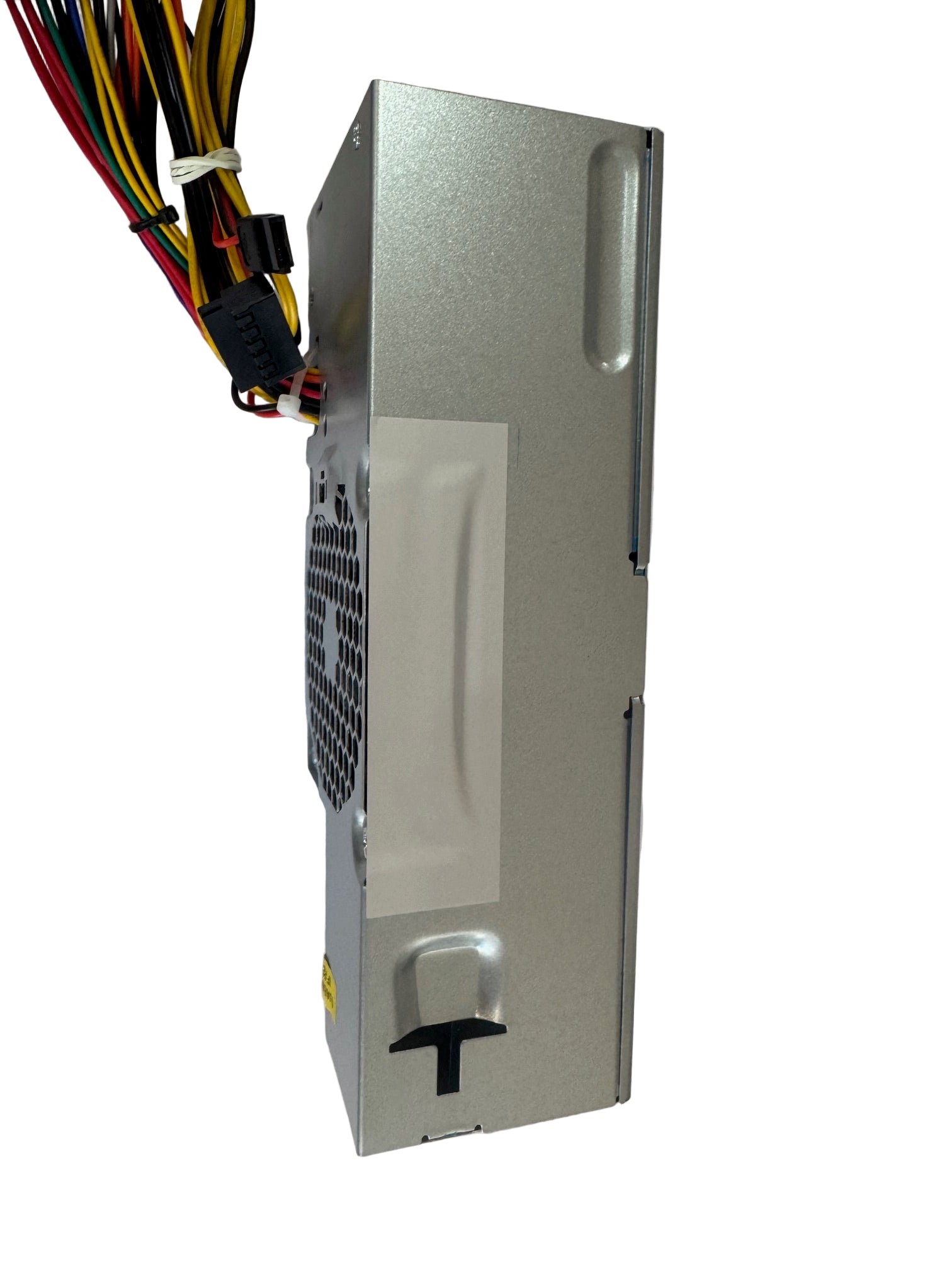 Computer power supply unit with visible cables on a white background