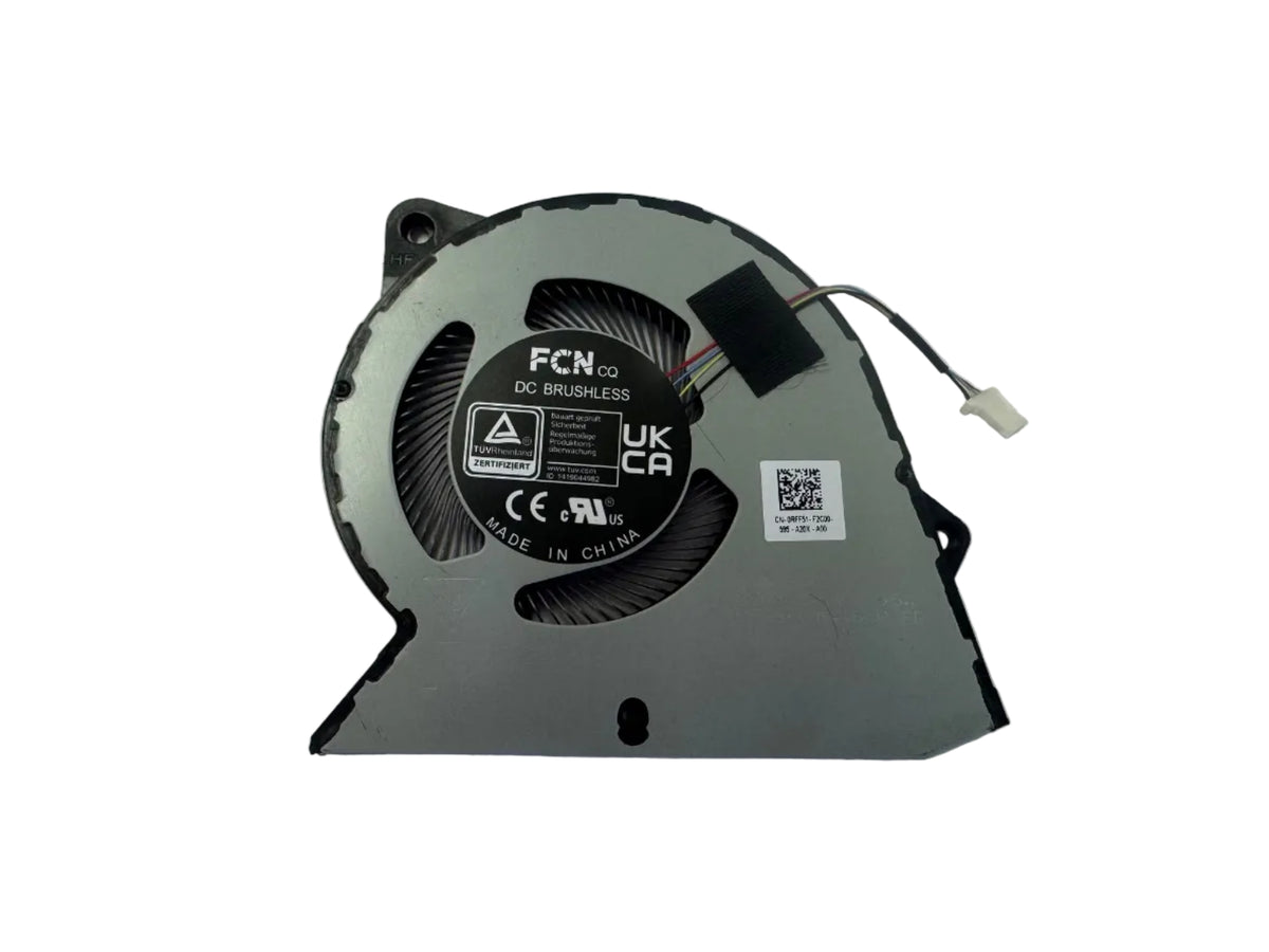 A replacement laptop cooling fan with a black and gray plastic housing, a white connector wire, and a central label showing 'FCM Co' and 'DS Engineering', photographed on a plain white surface.