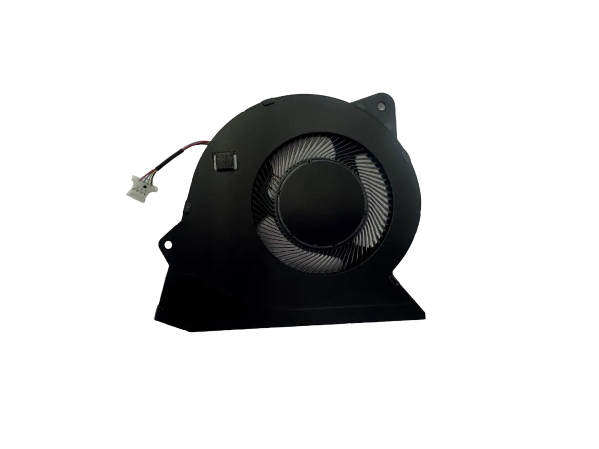 A black laptop cooling fan with a circular fan blade, mounting brackets, and a small power connector wire, photographed on a plain light background.